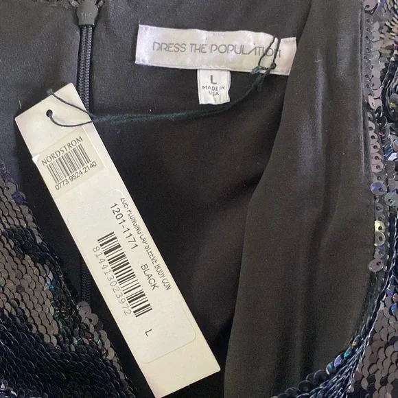 NWT Dress the Population Zoe Cap Sleeve Plunging Sequin Mini Dress black L - Picture 8 of 9